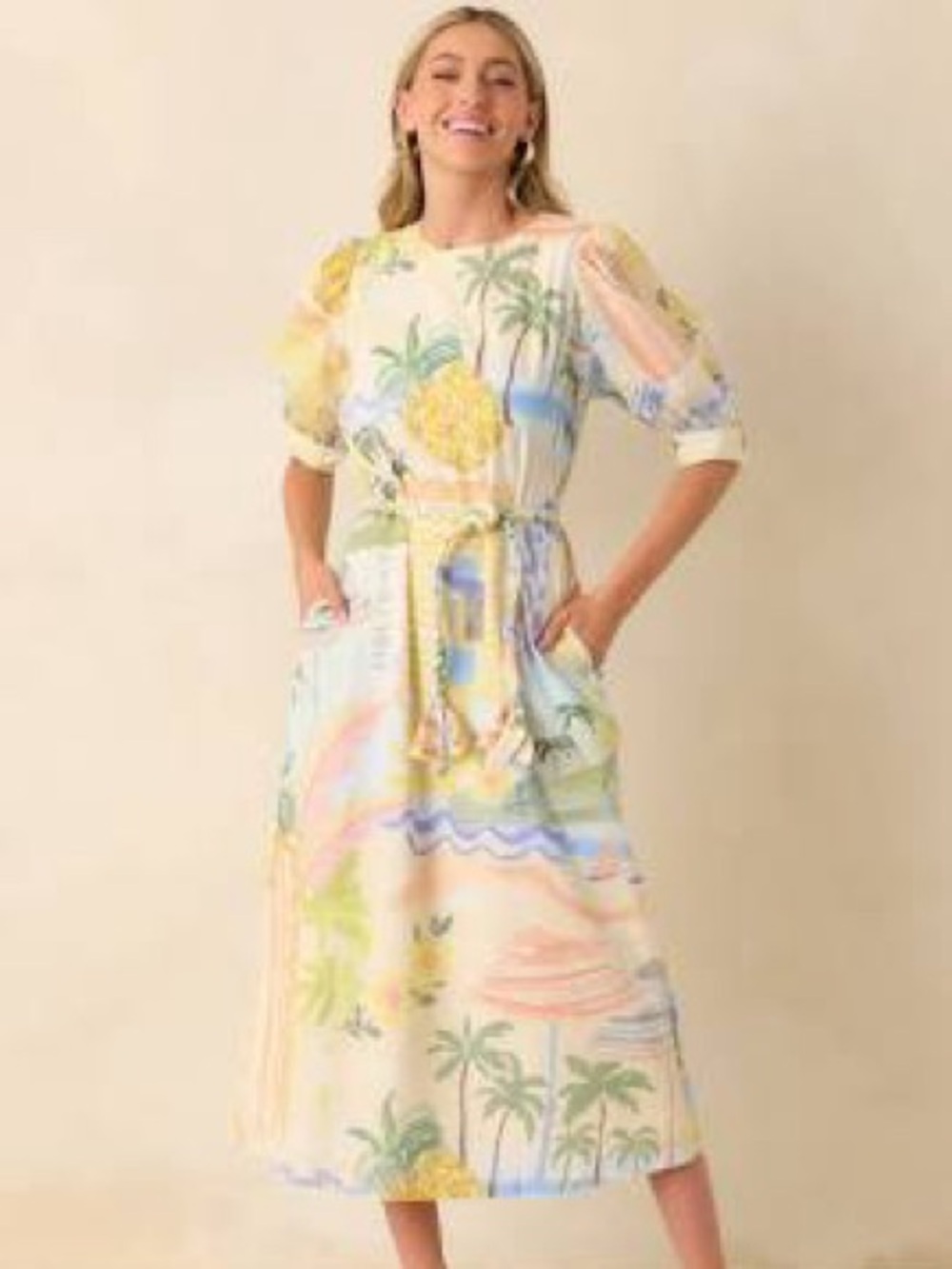 Prosperina Brynn Pastel Tropical Print Midi Dress in Citrus Splash NWT Size S